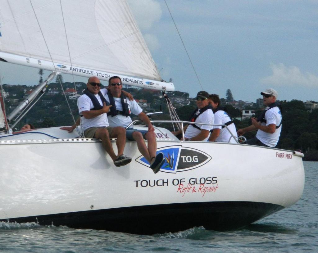 Touch of Gloss, with Dave Mackay at the helm, was the early leader and kept Ovlov honest - 2014 NZ Marine Industry Sailing Challenge © Tom Macky